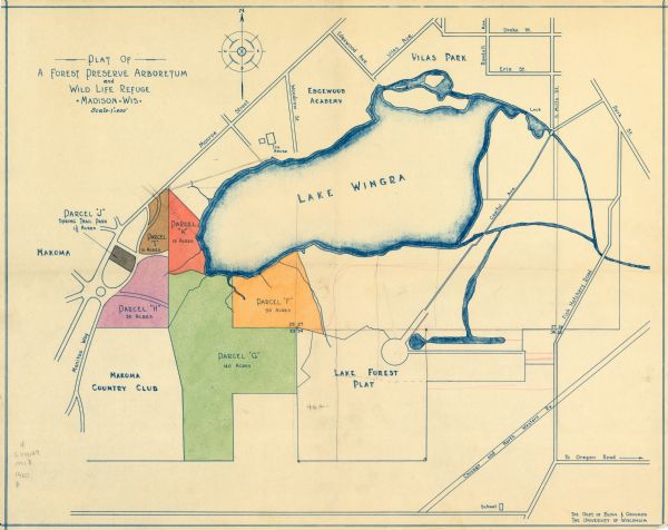 This map shows an arboretum and wildlife refuge in Madison, Wisconsin. There are color coded parcels "F" through "K" with acreages, as well as area around Lake Wingra. Some points of interest are labelled.