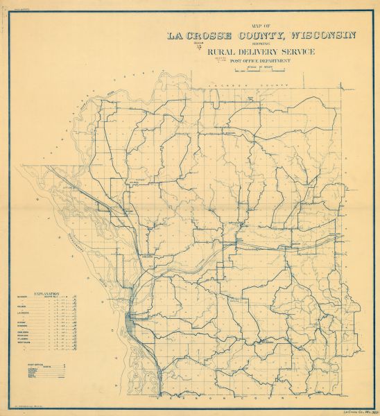 Map is a blueline print. Map shows United States postal routes for La Crosse County. A list of stations include: Bangor R R 1-3, Holmen R R 1-2, La Crosse R R 1-3, Midway, Mindoro R R 1-2, Onalaska, Rockland, St Joseph, West Salem R R 1-3. The map also shows post offices, discontinued post offices, churches, schools, houses, and roads. Map reads: "H.P. February 24. 1910." and "La Crosse Co., Wis. 369."