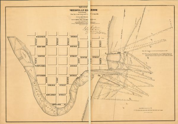 This map of Sheboygan Harbor shows the river mouth and harbor, piers, wharfs, piles of old destroyed bridge wharfs, streets, and the lake shore from survey of August 1856. The water depths are shown by soundings and isolines. The top of the map reads: "From Survey made between the 19th and 24th of August 1856, by Assistant John O'Donoghue under the direction of Brevet Lieut. Col. J.D. Graham, Major, U.S. Corps of Topographical Engineers Superintending Engineer of Lake Michigan Works. Accompanying Lt. Colonel J.D. Graham's annual Report (No 161) to the Chief Topographical Engineer, dated Chicago November 15th 1856." The map is signed by J.D. Graham.
