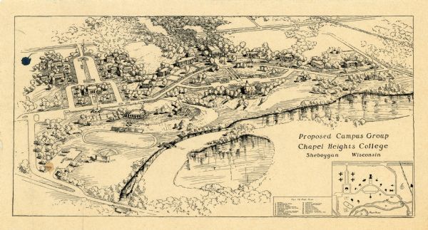 Proposed Campus Group Chapel Heights College Sheboygan Wisconsin This map is a bird's-eye-view of Chapel Heights College showing the proposed grouping of campus buildings. The bottom right corner features a small inset map and key with a detailed plot plan of the buildings.