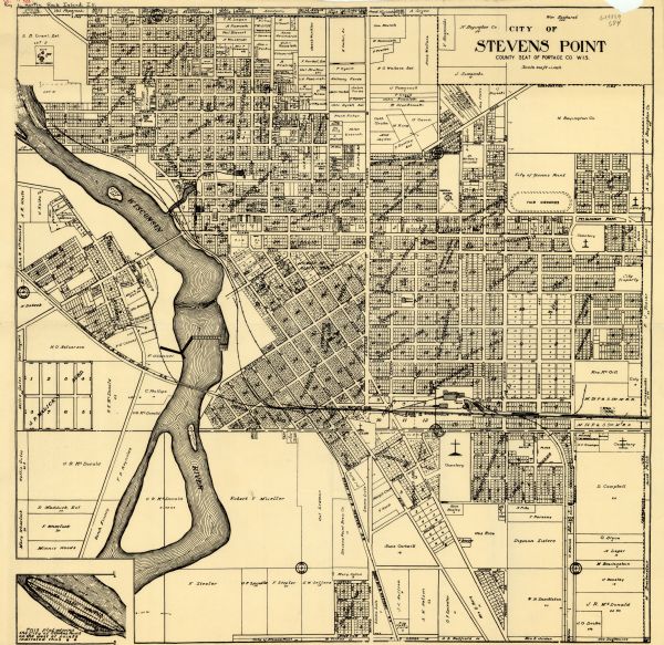 This map of Stevens Point shows the Wisconsin River, labeled plat additions, numbered lots, and some land ownership. An inset map in the bottom left corner reads: "This plat adjoins the City of Stevens Point on the west at point 6 indicated thus * *".