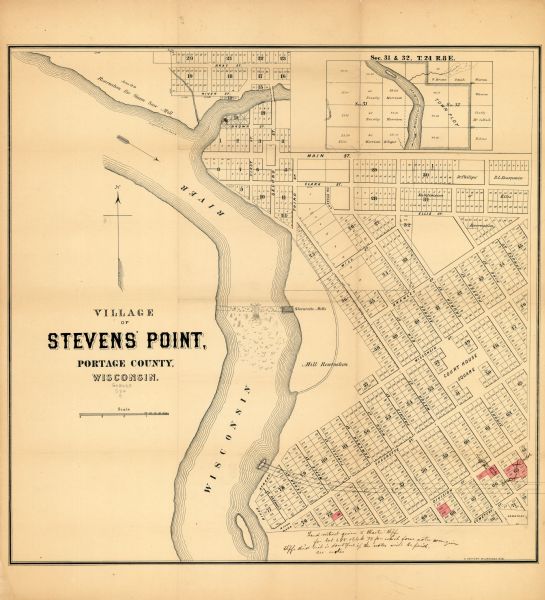 This map of Stevens Point shows lot numbers, land reservations for steam saw mill, and Shaurette Mills. The top right features an inset map: Sec. 31 & 32, T. 24 R.8 E. [Town plot location map showing nearby landowners]. The bottom right of the map includes manuscript annotations of sold land reading: "Land contract given to Martin Hiffer for lot 698 Block 75 for which four notes are(?) given(?) Hiffer did think is doubtful if the notes will be paid. See notes".