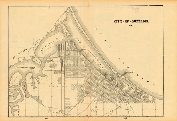 This map of Superior shows city wards, bays, docks, and some businesses and points of interest. Relief is shown by hachures. The map probably came from a Cram’s unrivaled atlas, p. 124-125. The back of the map features maps of Omaha (p. 126)and an "Official Map of Sioux City." (p. 123).