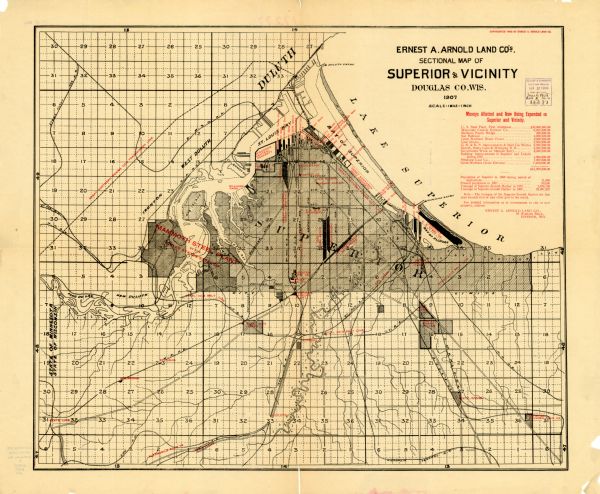 This map of Superior and the vicinity shows selected company properties, railroads, and roads in a portion of Douglas County. The map reads: "Copyrighted 1908 by Ernest A. Arnold Land Co." The map includes a list of "Monies Alloted and Now Being Expended in Superior and Vicinity."