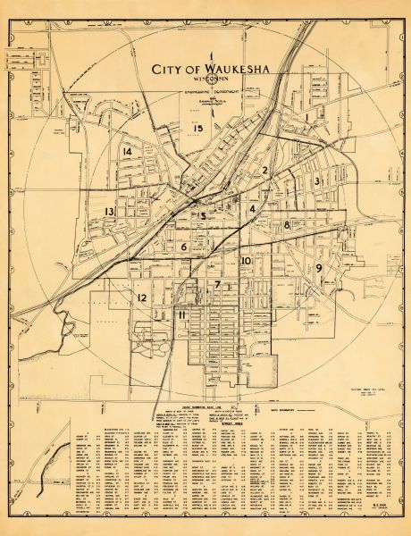 This map of Waukesha shows numbered ward boundaries, roads, and some buildings. The bottom of the map includes a street index.