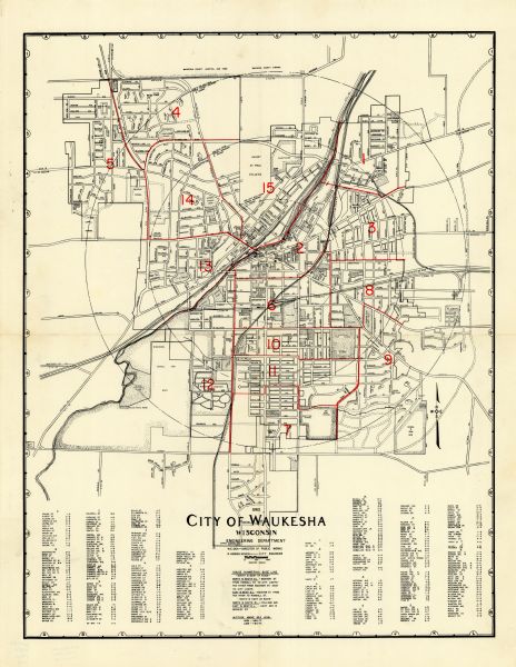 City of Waukesha Wisconsin This map shows the voting districts of Waukesha in red ink for the year 1962. The bottom of the map includes an index of streets.