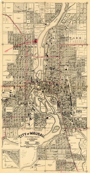 This map of Wausau shows lots and landownership, buildings, roads, railroads, parks, city wards, and the Wisconsin River. The map features an inset map showing Spencer & Willard’s plat of Wausau Junction. There are manuscript annotations in red showing various transportation routes.