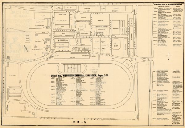 This map of the Wisconsin Centennial Exposition is oriented with north to the right. The right hand margin includes "Outstanding Events of the Grandstand Program" and an additional calendar of events in the center of the map. Streets and buildings are labeled on the map. The entire complex is situated between south 84th street and south 77th street. The back of the map reads: "OFFICIAL MAP OF WISCONSIN Centennial EXPOSITION AUGUST 7-29 FAIR PARK MILWAUKEE $5,000,000-WORLD FAIR PRICE 10¢."