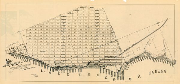 This map of Bayfield shows roads, lots, and township boundaries. The map was originally published on one sheet but is now separated into front and back. On the back of the map is a map of the United States and Canada, Bayfield Harbor & Great Western Rail Road, and Bayfield Transfer R’Y piers and warehouses.
