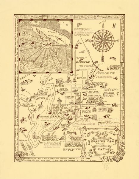 This map of Beaver Dam pictorially shows the history of the town. The map was made for the 100th anniversary celebration of Beaver Dam in 1941. The map includes an inset of illustration, text, and a population chart as well as a list of doctors, lawyers, and pastors.