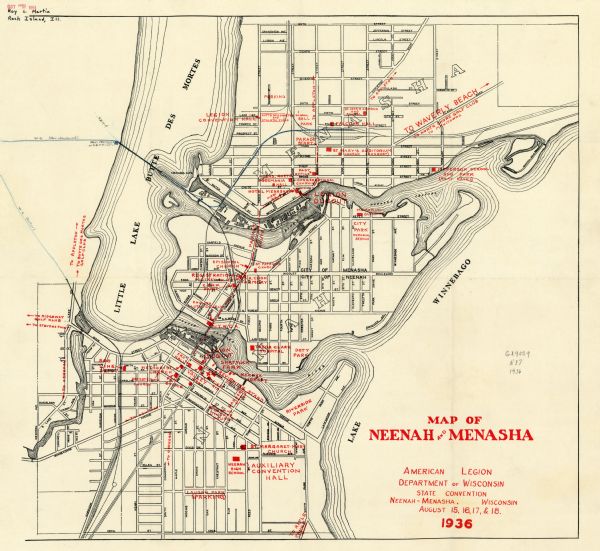This map of Neenah and Menasha shows some parks, churches, convention halls, and other buildings. These points of interest are in red ink. Streets, Little Lake Butte des Mortes, and Lake Winnebago are labeled. The map includes manuscript annotations on route of Wisconsin Central Railroad.