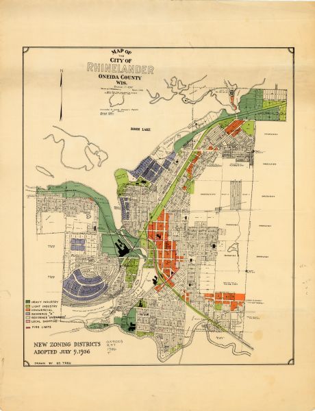 This map of Rhinelander shows lots, 6 types of zoning in various colors; heavy industry, light industry, commercial, residence "A," residence "unrated," local shopping, and fire limits. The bottom left of the map reads: "New zoning districts adopted July 9, 1956." "Corrected to include assessor’s replats of 1945, R.R. ; revised 1951, R.R."