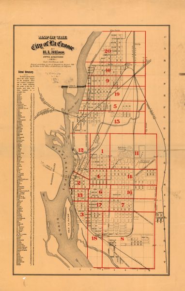 This map of La Crosse shows eighteen city wards in red, railroads, cemeteries, fair grounds, labeled streets, islands, and the Mississippi River. The left margin includes a street directory. Below the title the map reads: "Entered according to act of Congress in the year 1891 by H.I. Bliss in the Office of Librarian of Congress." Henry Bliss was a Civil Engineer.