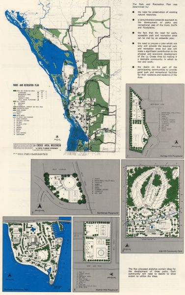 This map of La Crosse is a plan for the city parks and recreation areas. The cover features an explanation of the Park and Recreation plan, objectives of the plan, and a chart of "Existing and Proposed Park Facilities by Community". The map features a large map of La Crosse and five inset maps: Heritage Hills Playground, Northbrook Playground, Irish Hill Community Park, Heather Hills Playground, Northside Community Park. The bottom right of the map reads: "The five proposed sketches contain ideas of the development of these parks."
