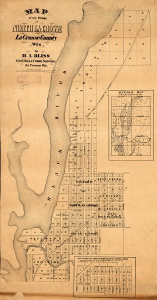 This map of the Village of North La Crosse was likely published before 1871 and shows street names, additions, section and lot numbers, railroads (specifically the Milwaukee & St. Paul Railroad), and plank road. Inset maps show: "Sectional plat of the land included in this map," and "Map of Johnsons addition to the village of North La Crosse, platted upon the northern part of the south west quarter of sec. 29 T16 R7 by A. Johnson whose title has been declared void by the United States Court."