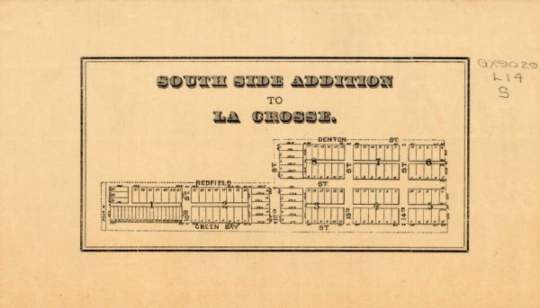 This map of the south side addition to La Crosse shows lot and block numbers, dimensions, and streets.