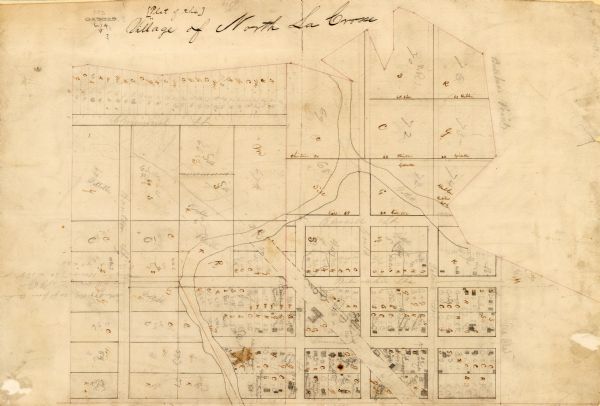 This map of North La Crosse is ink and pencil on paper and shows lot ownership and buildings.
	