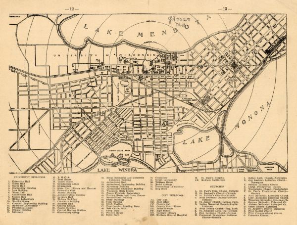 This map shows Madison and includes an index of University of Wisconsin buildings, city buildings, and churches. Lake Mendota, Lake Monona, and Lake Wingra are labeled as well as some points of interests. The back of the map is page 11 and 14 of a University of Wisconsin directory for Philosophy and Psychology, Physical Education, Music, Pharmacy and Pharmaceutical Chemistry, and Pharmacognosy.