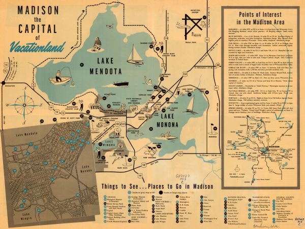 This map of Madison is also a brochure of activities for vacationers in the area. The map includes indexes and some points of interest are shown pictorially. There is an inset map of downtown Madison.