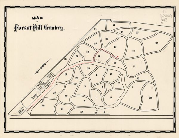 This map shows the Forest Hill Cemetery and is oriented with the north to the lower left. The map shows buildings and section numbers but does not include burial information.