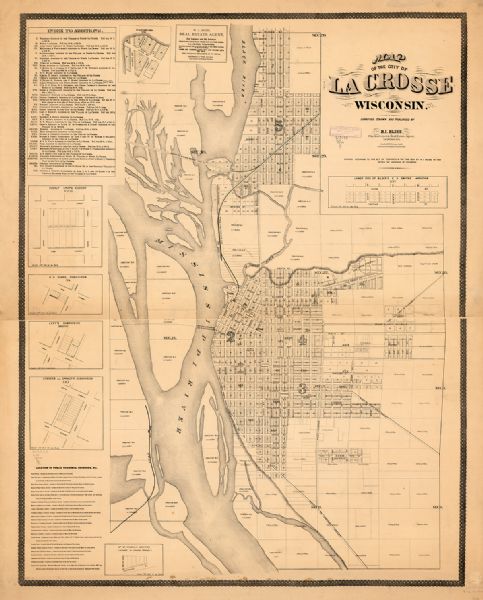 This map has relief shown by hachures and includes 7 inset maps of additions and subdivisions with varying scales. Also includes index of additions and location of public buildings. The map shows a plat of the city, wards by number, local streets, railroads, and parts of Mississippi River and Black River. The map reads: "Entered according to the Act of Congress in the year 1874 by H.I. Bliss, in the Office of the Librarian of Congress."