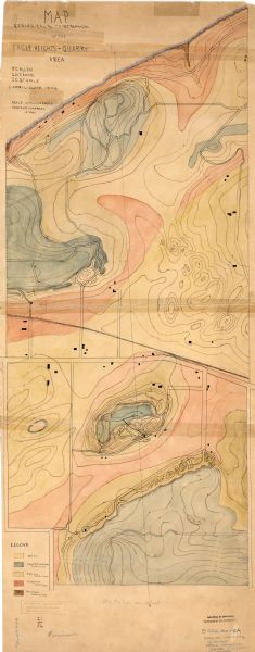 This map is watercolor and pen on paper and relief shown by contours. The map reads: "Contour interval 10 feet." Shown on the map are geological features and contour lines at intervals of 10 ft. for area west side of Madison, Wisconsin bounded approximately by Lake Mendota on the north, Midvale Blvd. on the west, Franklin Ave. on the east, and a line approximate 2 kilometers north of Hillcrest Dr. on the south. The map also shows drifts, lower magnesian limestone, Madison sandstone, Mendota limestone, and Potsdam sandstone.