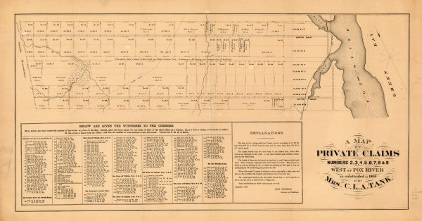 This map shows land ownership by name, lots, roads, railroads, and part of the Fox River. The map includes an explanation and table of witnesses to the corners.