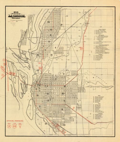 This map includes an index and highways marked in red. Attractions on the map include: Four Mile House, Cold Springs, Grand Crossing Station, Coleman Slough, French Slough, Copeland Park, Freight depot, Jolynn Slough, Taylors Island, Bates Island, Pettibone Park, Isle La Plume, Isle a Plume Slough, City Water Works, Oak Grove Cemetery, Hixon Reserve, Golf Links, Inter State Fair Grounds, Riverside Park, Market Square, Court House Square, Burns Park, Cameron Park, High School, Catholic Cemetery, Hogan School, West Avenue Play Field, Fire Stations, Railroad depots, North American Telegraph Company, Postal Telegraph Company, Western Union Telegraph Company, La Crosse Telephone Company Station, AT&T Company, Wisconsin Telephone Company, Northwestern Bell Telephone Company, Tri State Telephone and Telegraph Company, La Crosse Inter Urban Telephone Company, Grandview Hospital, La Crosse Hospital, Lutheran Hospital, Saint Francis Hospital, Saint Ann Annex, Saint Camillus, Batavian National Bank, Exchange State Bank, Gateway City Bank, La Crosse Trust Company, National Bank, Security Bank, State Bank, Myrick Park, Forest Avenue Park, Jewish Cemetery, North Side Cemetery, Community House, Tourist Camp, Bathing Beach, Vocational School, Municipal Bath House, United States Weather Bureau, State Normal School and Physical Education Building, Fish Hatchery, Logan Junior High School, High School Manual Training, City Hall, YMCA, Public Library, Chamber of Commerce, Court House, Play Grounds, Post Office, La Crosse River old and new channels. The map is dated 1926; but the date on the title panel is 1927. The back of the map includes a sketch of the Mississippi River valley and other text and illustrations.