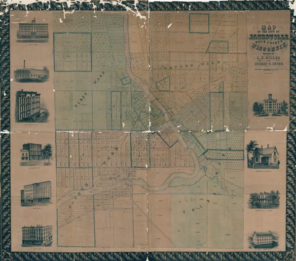 Map showing a plat of the city, land ownership by name, wards by number, local streets, buildings, fair grounds, nurseries, and part of Rock River. The map also includes illustrations of buildings. Originally published on one sheet, now one map on eight sheets.
