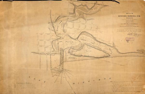 This map has relief shown by hachures and soundings and shows local streets, proposed roads, railroads, bridge wharfs, basin, north arm, and west arm of Kenosha Harbor, and part of Pike Creek. The map reads: "From survey, made in December 1855." and "Accompanying Lieut. Col. J. D. Graham’s annual report (No. 116) to the Chief Topog. Engineer, dated, Chicago, December 31st. 1855, J.D. Graham, Lt. Colonel, Sup.tg. Engineer."