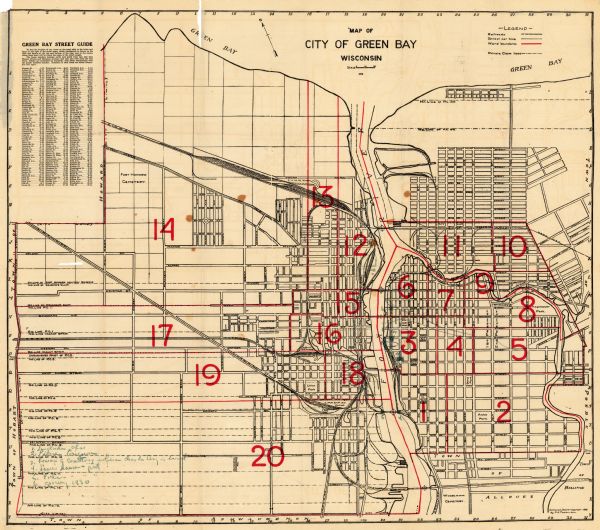 This map shows railroads, street car lines, wards, private claims, parks, railroad yards and depots, and cemeteries. The map is oriented with north to upper left and includes an indexed street guide in the upper left corner as well as manuscript annotations in what appears to be ink in the bottom left corner.