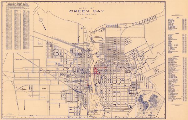 This map shows streets, wards and precincts, parks, schools, and points of interest. The map is oriented with north to the upper left. The map includes a street guide and an index of parks, schools, and also includes an inset map: City of Depere, Wis., March 1935. There is a manuscript annotation in red in the middle of the map.