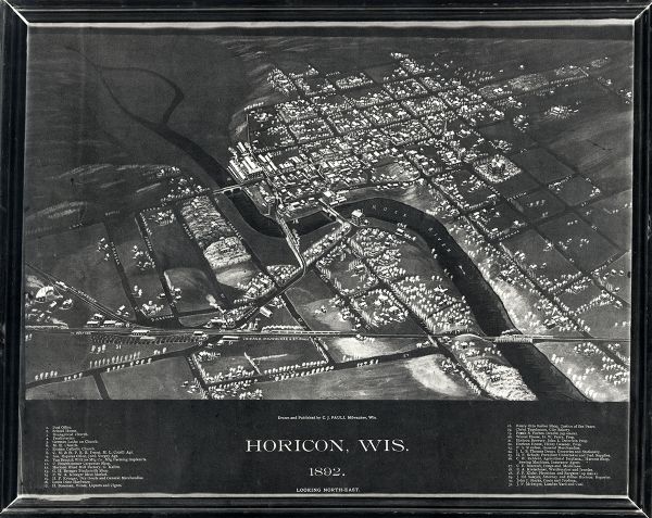 Horicon, Wis. Looking North-East. This bird's eye view map is oriented looking north-east and includes index of points of interest and businesses. The map is a photocopy.