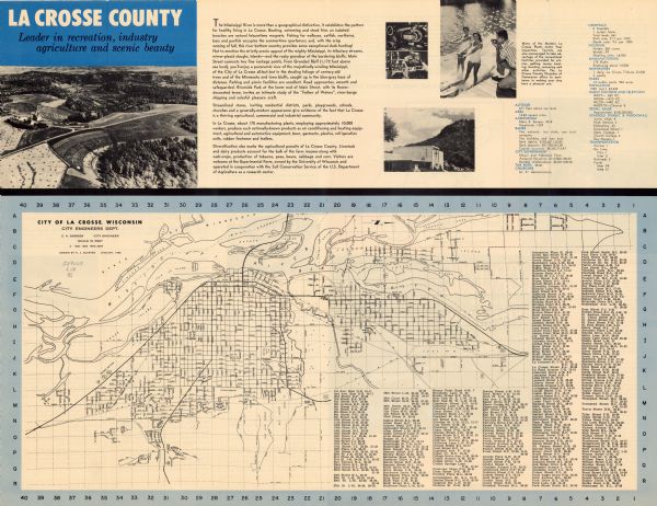 This map is oriented with north to the right and includes an index of streets. The back of the map features text about La Crosse.