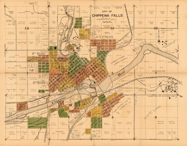 This map shows plat of town, land ownership by name, city limits, section boundaries, wards, local roads, railroads, parks, fairgrounds, cemeteries, locations of psychiatric institutions, and part of the Chippewa River. The lower right margin reads: "Copyrighted 1912 by Carpenter & Hebert, Chippewa Falls, Wis."