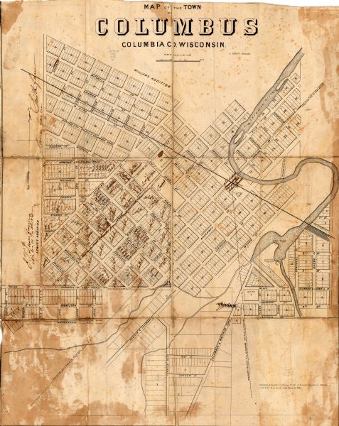 This map shows plat of town, local streets, railroads, projected railroads, residential buildings, mills, and part of the Crawfish River. The map includes significant manuscript annotations.