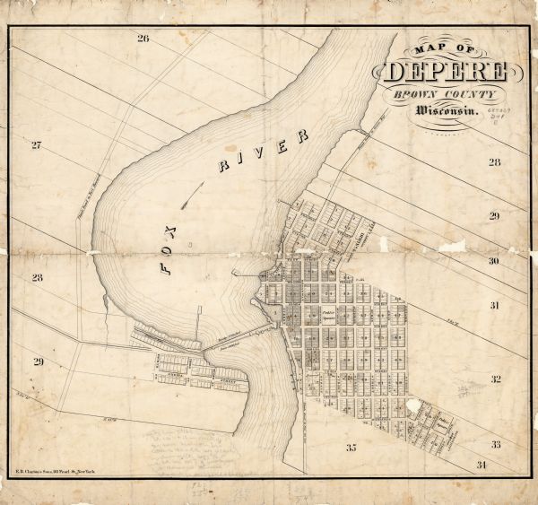 This map shows plat of the town, local streets, plank roads, and part of the Fox River. The bottom of the map includes annotations, probably in pencil.