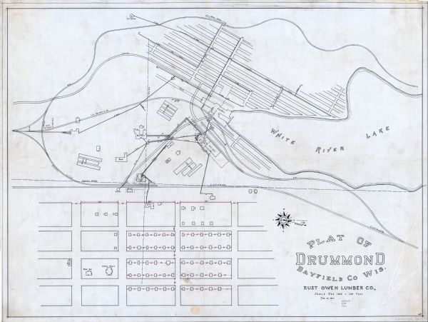 This map is ink and pen on tracing cloth and shows plat of the town, local streets, county roads, railroads, school houses, town halls, hotels, sheds, barns, reservoirs, and part of White River Lake. The lower right margin reads: "#55".