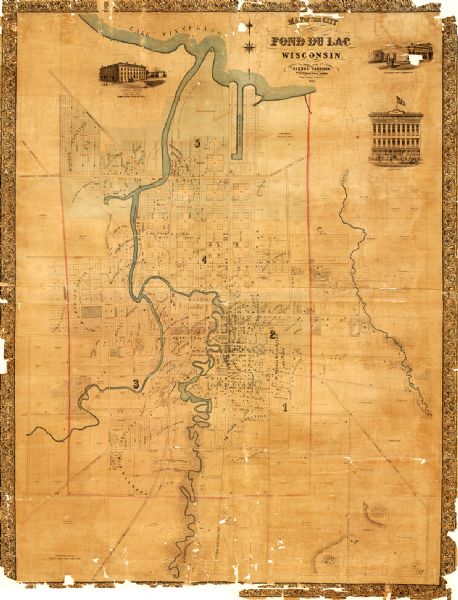 This map has relief shown by hachures and pictorially and shows plat of the town, wards, lots, land ownership by name, local roads, highways, railroads, parks, creeks, proposed steamboat basin, and part of Fond du Lac River. The map includes illustrations of buildings. The map reads: "From actual surveys."