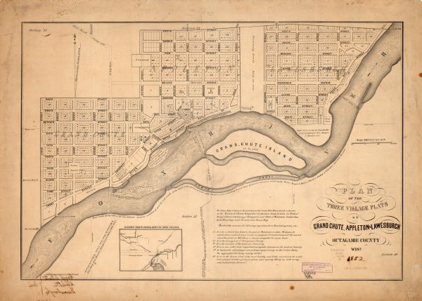 This map shows plat of three towns, sections, local streets, the Grand Chute Island, and part of the Fox River. The map includes 1 inset map: "Diagram of Country, Roads, & About the Three Villages." This map also includes a textual description of the map and key locations.