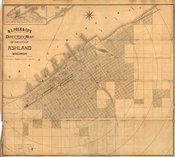 This map shows wards and includes the Chequamegon Bay and Washburn. An inset map shows the Ashland region, its railroads, and a few of its iron mines.
