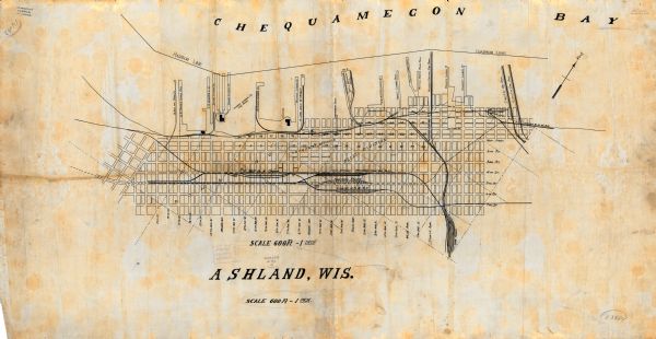 This map is pencil and ink on tracing cloth and shows local streets, railroads, harbor line, and part of Chequamegon Bay.