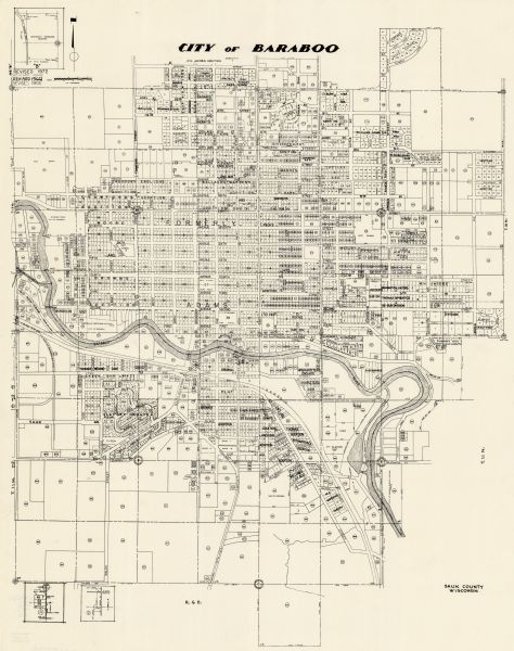 This map shows plat of the city, city limits, local streets, and part of the Baraboo River. The map includes 3 inset maps.
