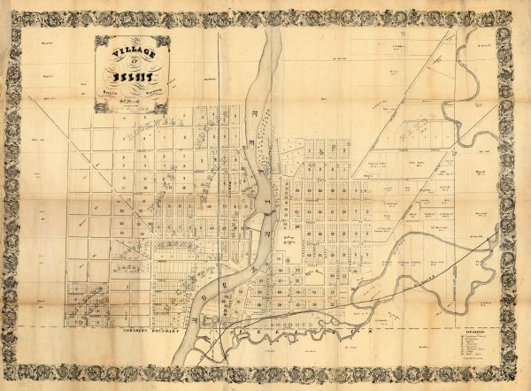 This map shows a plat of the town, land owners by name, local streets, railroads, churches, and part of the Rock River. The map is also indexed by church denominations.