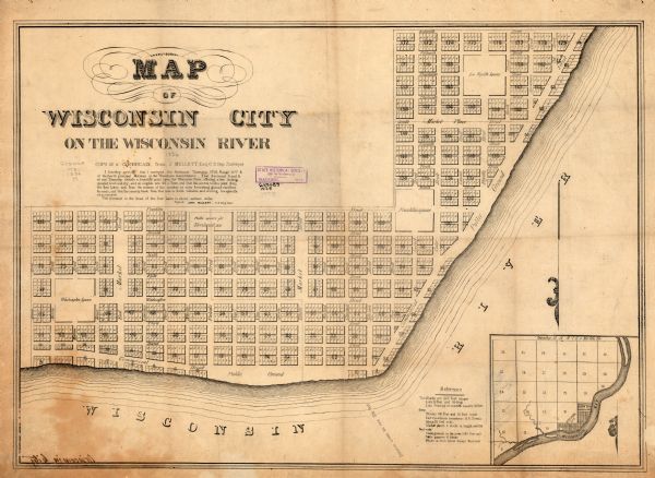 This map shows proposed lot and block numbers for a paper city located in township 10 north, range 7 east, Wisconsin Territory, now the Town of West Point, Columbia County. This map includes certification by John Mullet and inset location map. The map is oriented with north to the bottom.