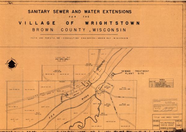 This map shows a sewage treatment plant site and includes an index of "Title and Index," "Watermain Details," "Sanitary Sewer Details," and "Plan B Profile (Main St)," as well as a Title and Index Sheet. Streets are labeled as well as the Fox River and Plum Creek.