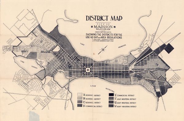 This map shows local streets, parks, Lake Wingra, and parts of Lake Mendota and Lake Monona. The map includes a legend showing residential, commercial, light industrial, and heavy industrial districts and is oriented with north to the upper right.