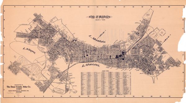 This map is oriented with the north to the upper right and shows a plat of the area, numbered blocks, lots, and wards, land ownership by name, local streets, roads, railroads, parks, schools, Lake Wingra, Lake Monona, and part of Lake Mendota. The map also includes a street index.
