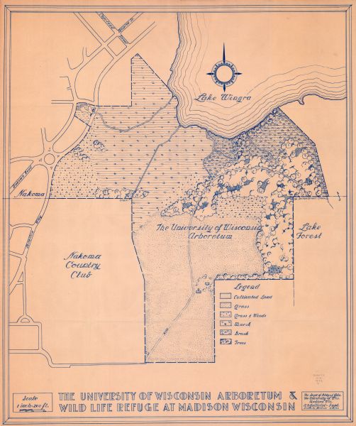 This map shows local streets, section lines, Nakoma Country Club, part of Lake Forest, and part of Lake Wingra. The map includes a legend showing areas of cultivated land, grass, grass and weeds, marshes, brush, and trees.