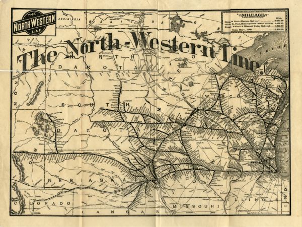 This map is a folded insert from the pamphlet "Yesterday and Today : A History." The map features the North-Western Line with labeled railway tracks and stops covering portions of Illinois, Missouri, Wisconsin, Minnesota, North Dakota, South Dakota, and Nebraska. The top right of the map contains a "Mileage" box with totals of track laid for the Chicago & North-Western Railway, the Chicago, St. Paul, Minneapolis & Omaha Railway, and the Fremont, Elkhorn & Missouri Valley Railroad, as well as a combined total of track.